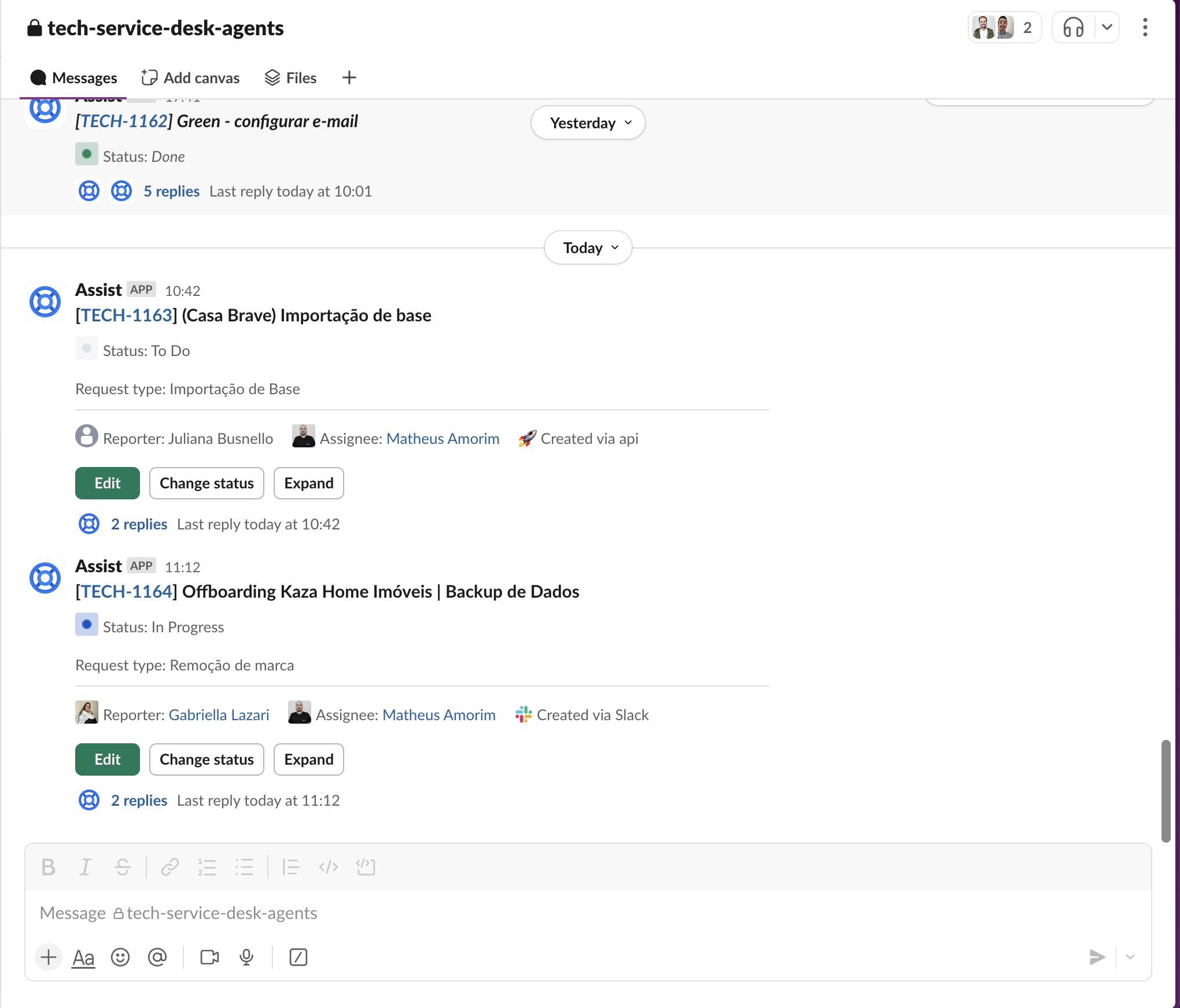 Slack channel showing Service Desk operations with ticket status updates and team member interactions