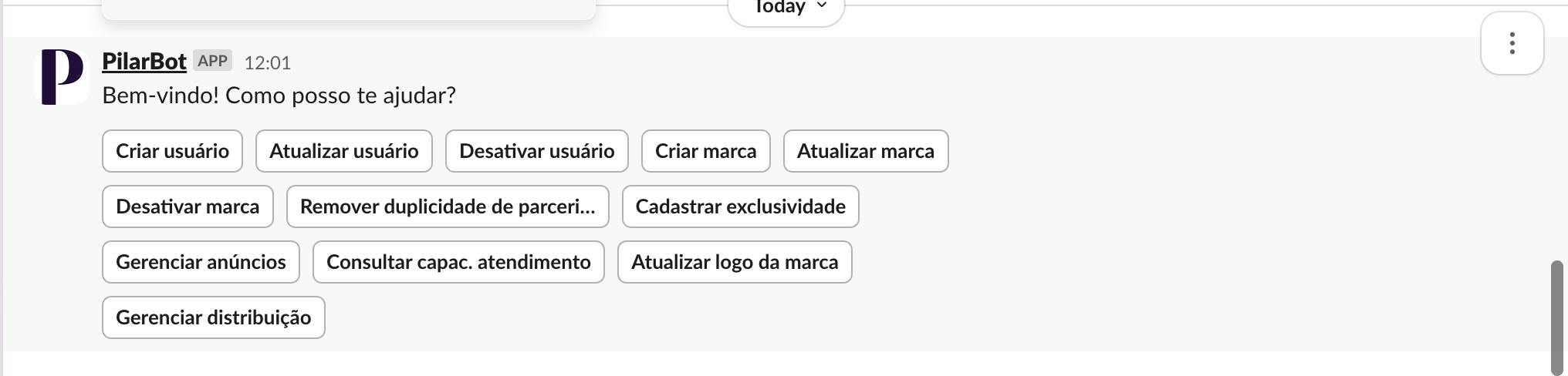 Slack bot interface displaying multiple automation buttons for common operations like user management, brand updates, and lead distribution